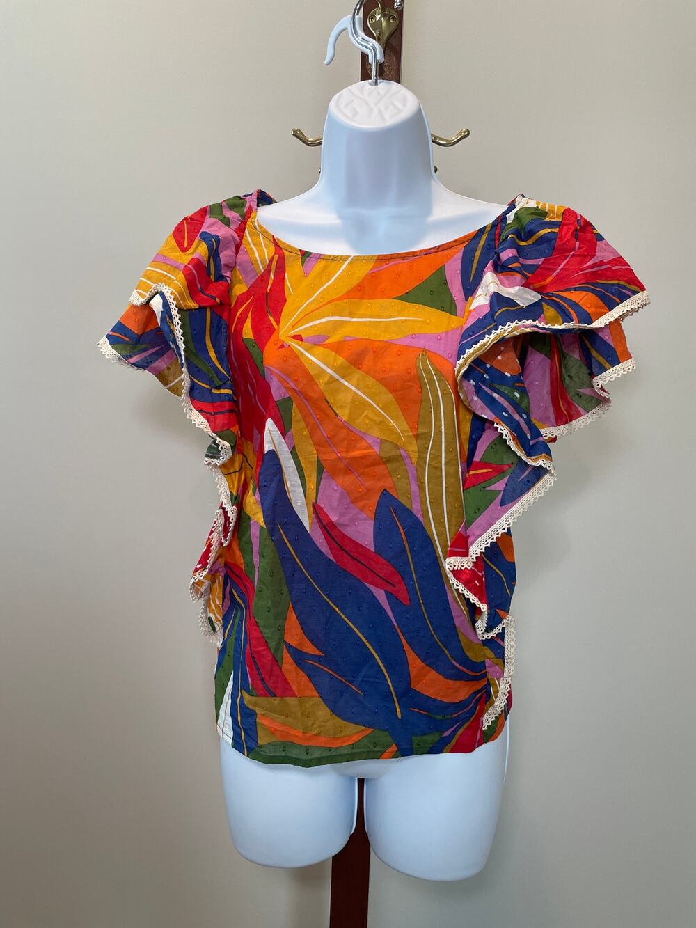 Marc New York Jeans Top Colorful Print Ruffle Trim 100 Percent Cotton Size L